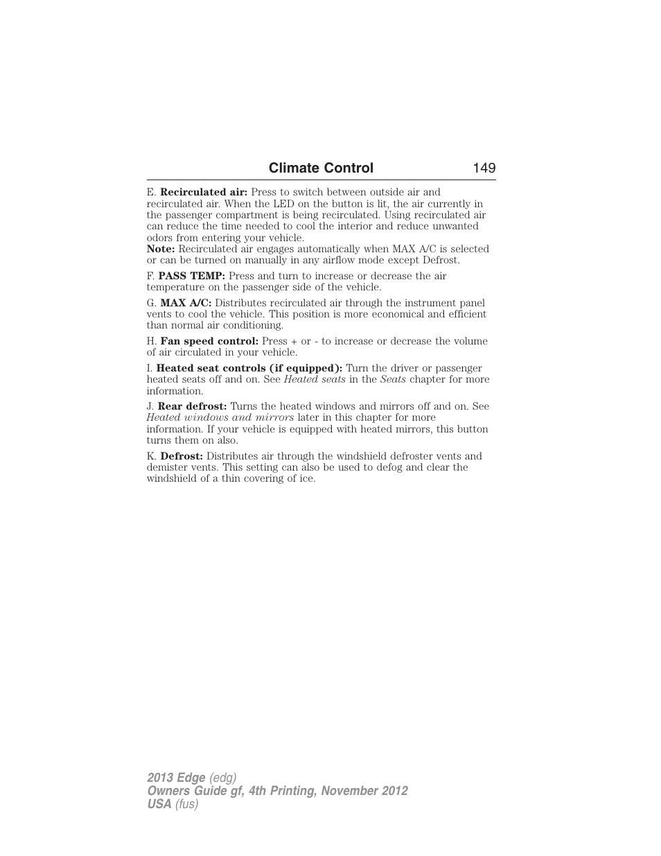 Climate control 149 | FORD 2013 Edge v.4 User Manual | Page 150 / 533