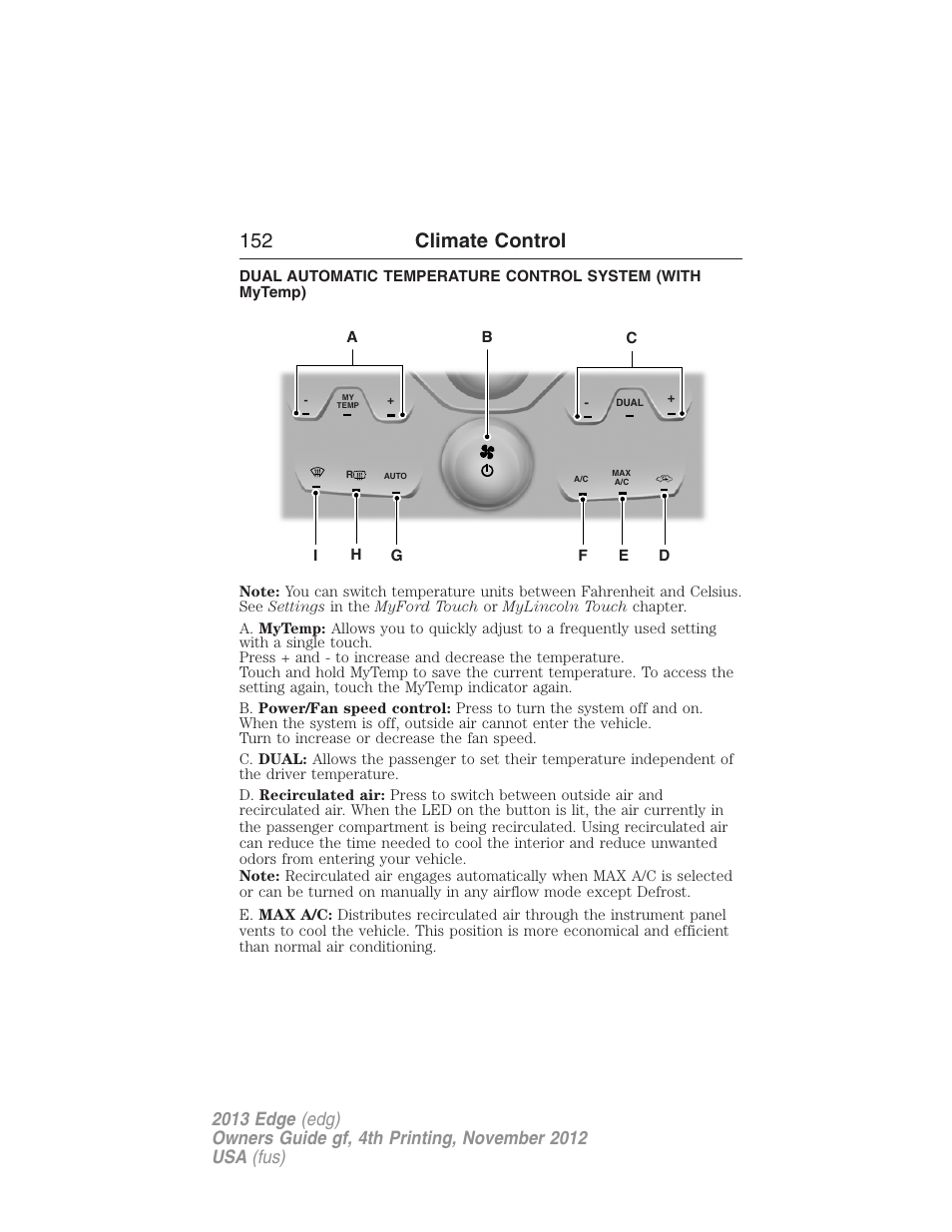 152 climate control | FORD 2013 Edge v.4 User Manual | Page 153 / 533