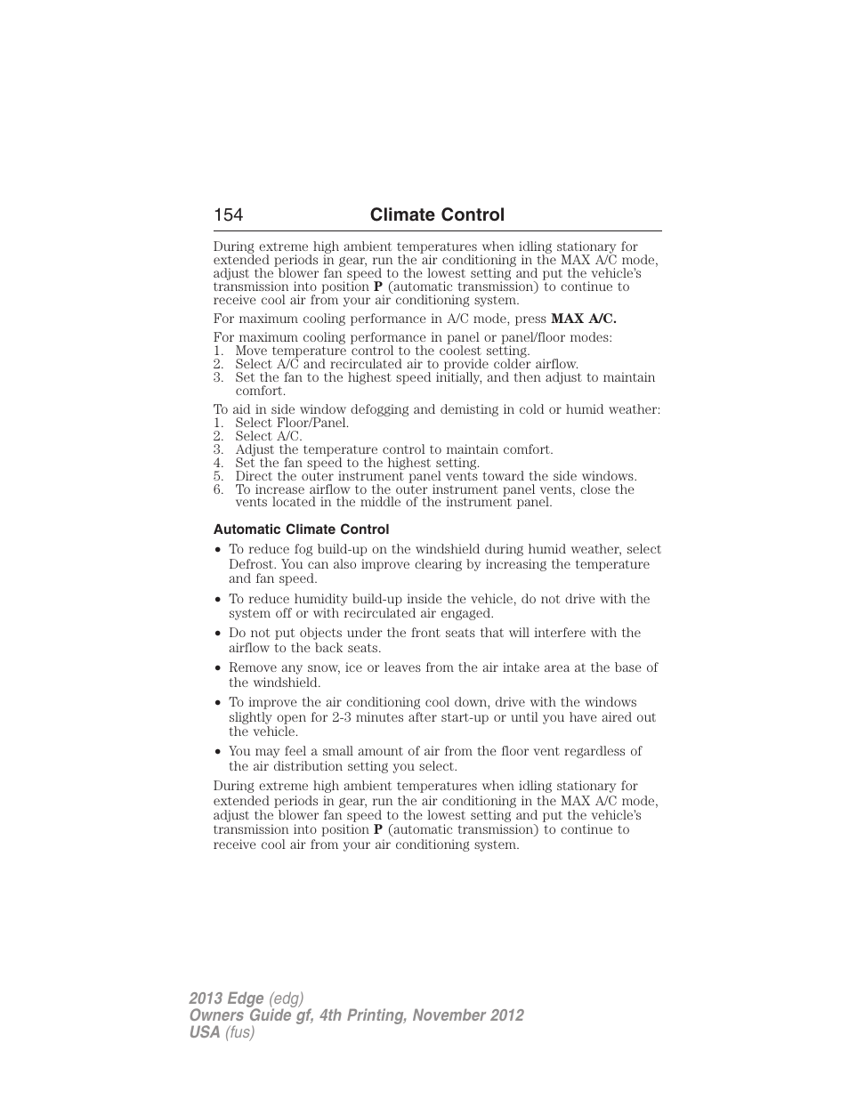 Automatic climate control, 154 climate control | FORD 2013 Edge v.4 User Manual | Page 155 / 533