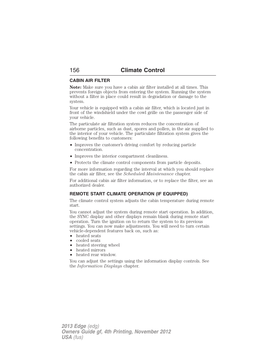Cabin air filter, Remote start climate operation (if equipped), 156 climate control | FORD 2013 Edge v.4 User Manual | Page 157 / 533