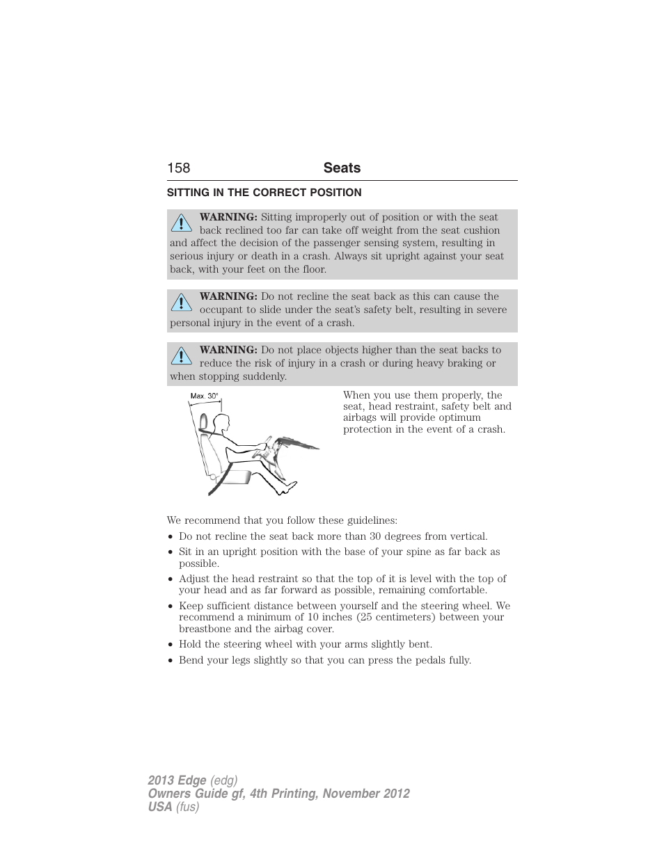 Seats, Sitting in the correct position, 158 seats | FORD 2013 Edge v.4 User Manual | Page 159 / 533