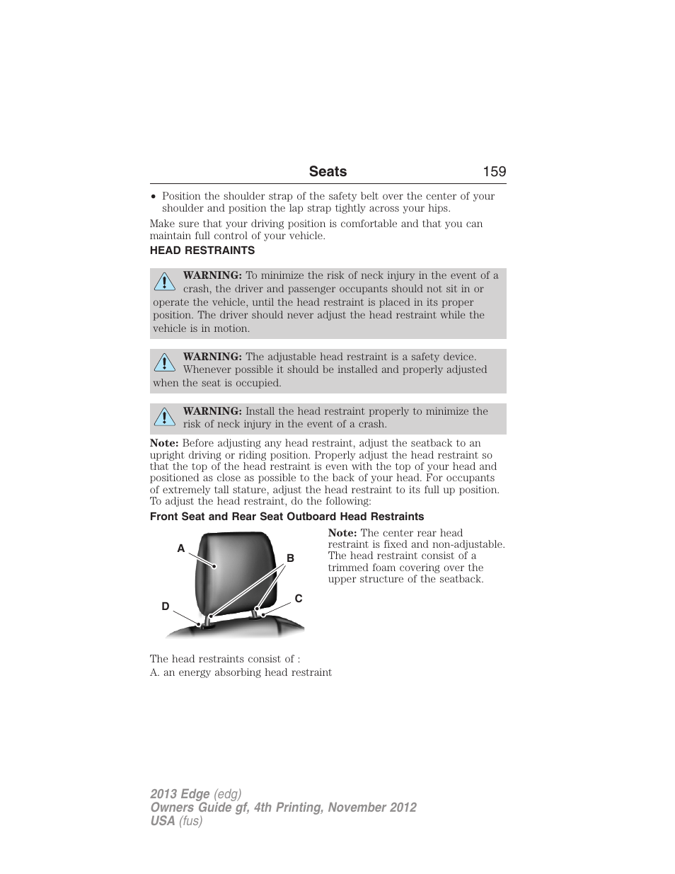 Head restraints, Front seat and rear seat outboard head restraints, Seats 159 | FORD 2013 Edge v.4 User Manual | Page 160 / 533