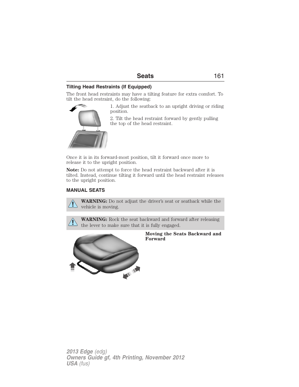 Tilting head restraints (if equipped), Manual seats, Front manual seats | Seats 161 | FORD 2013 Edge v.4 User Manual | Page 162 / 533