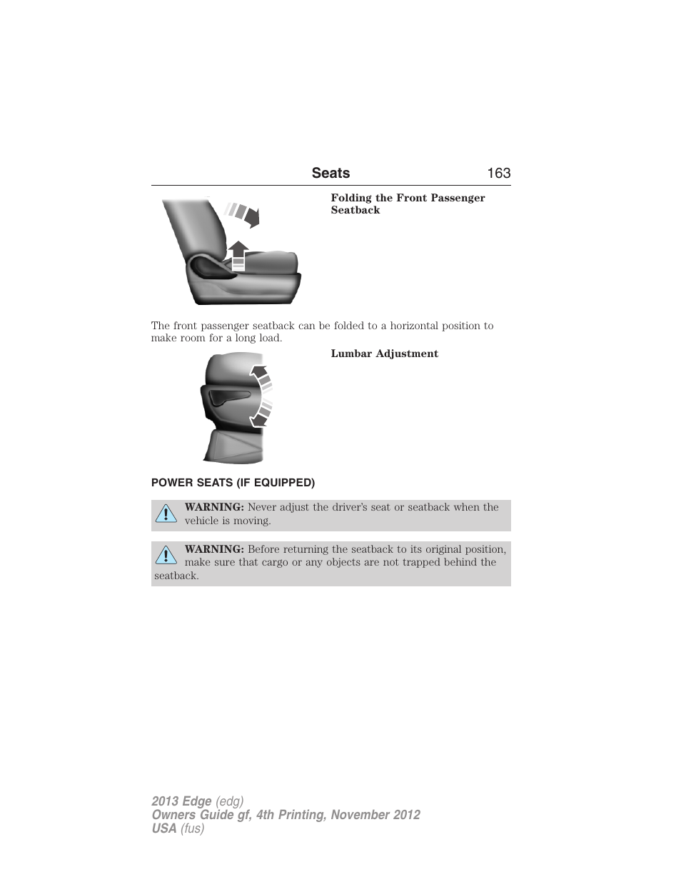 Power seats (if equipped), Power seats, Seats 163 | FORD 2013 Edge v.4 User Manual | Page 164 / 533