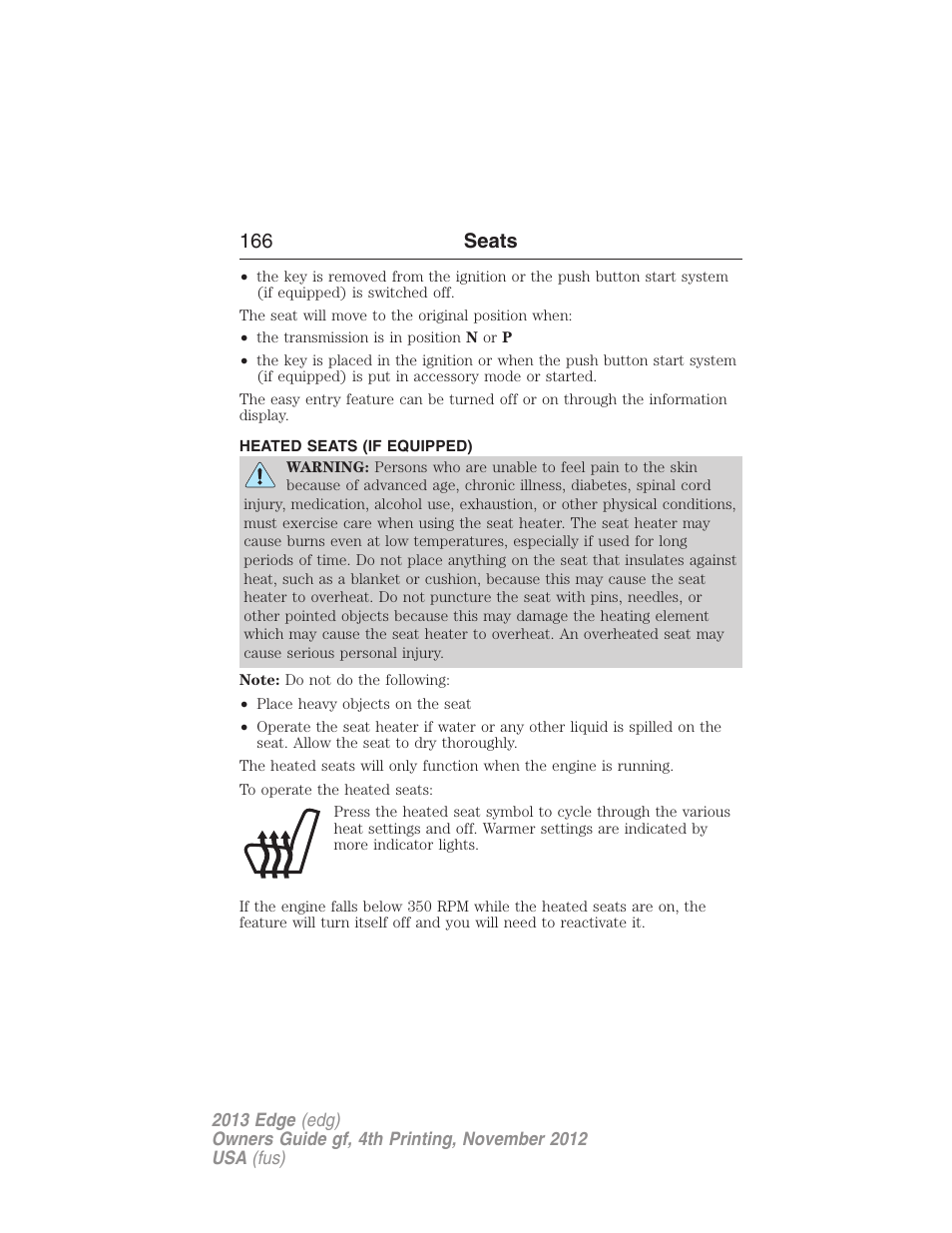 Heated seats (if equipped), Heated seats, 166 seats | FORD 2013 Edge v.4 User Manual | Page 167 / 533