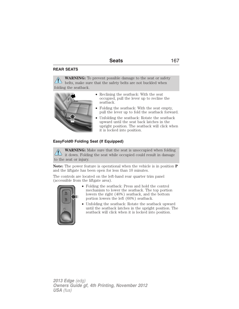 Rear seats, Easyfold® folding seat (if equipped), Seats 167 | FORD 2013 Edge v.4 User Manual | Page 168 / 533