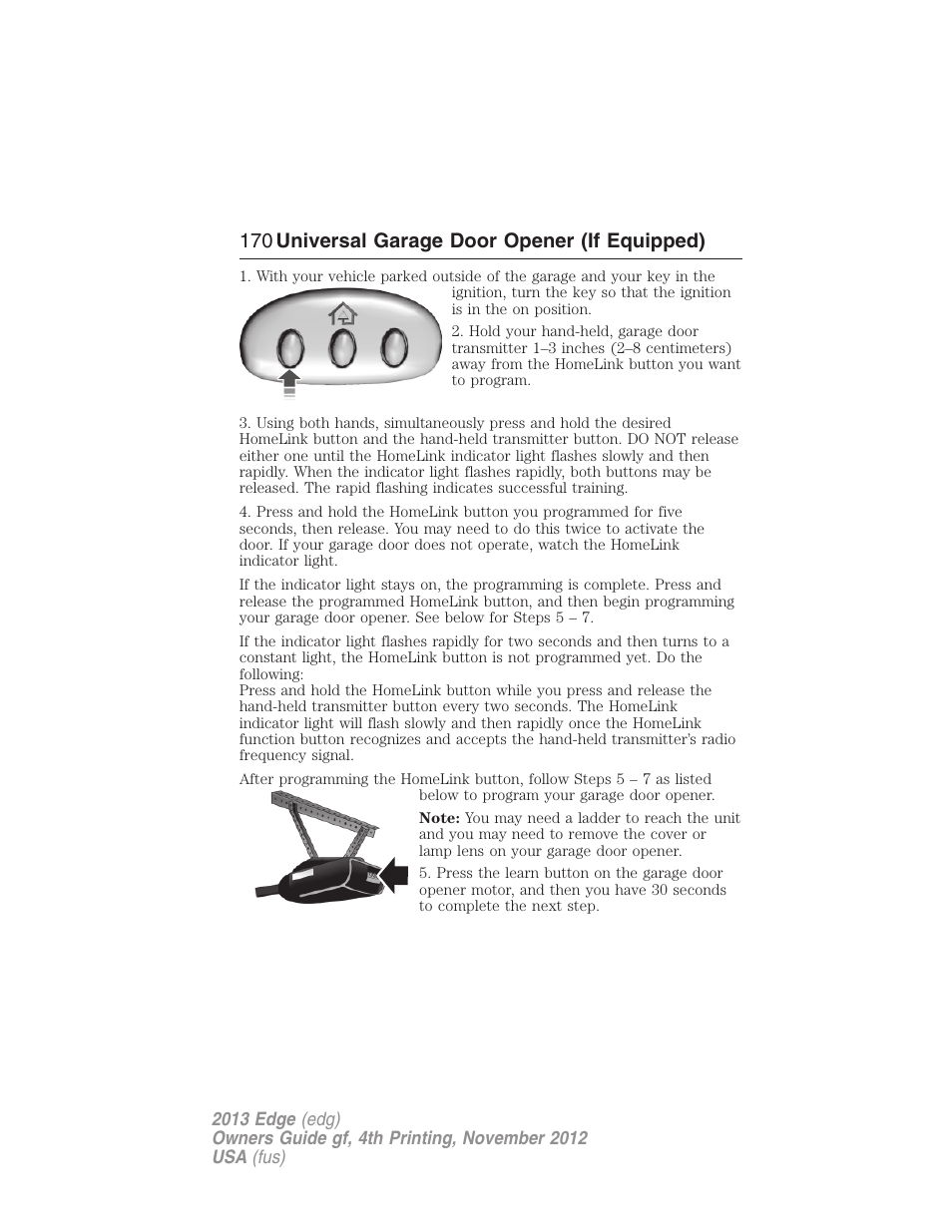 170 universal garage door opener (if equipped) | FORD 2013 Edge v.4 User Manual | Page 171 / 533