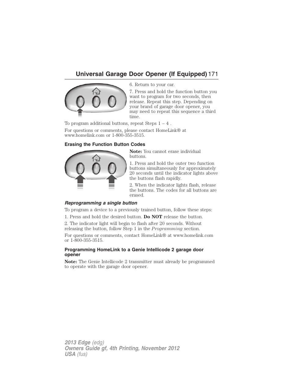 Erasing the function button codes, Reprogramming a single button, Universal garage door opener (if equipped) 171 | FORD 2013 Edge v.4 User Manual | Page 172 / 533