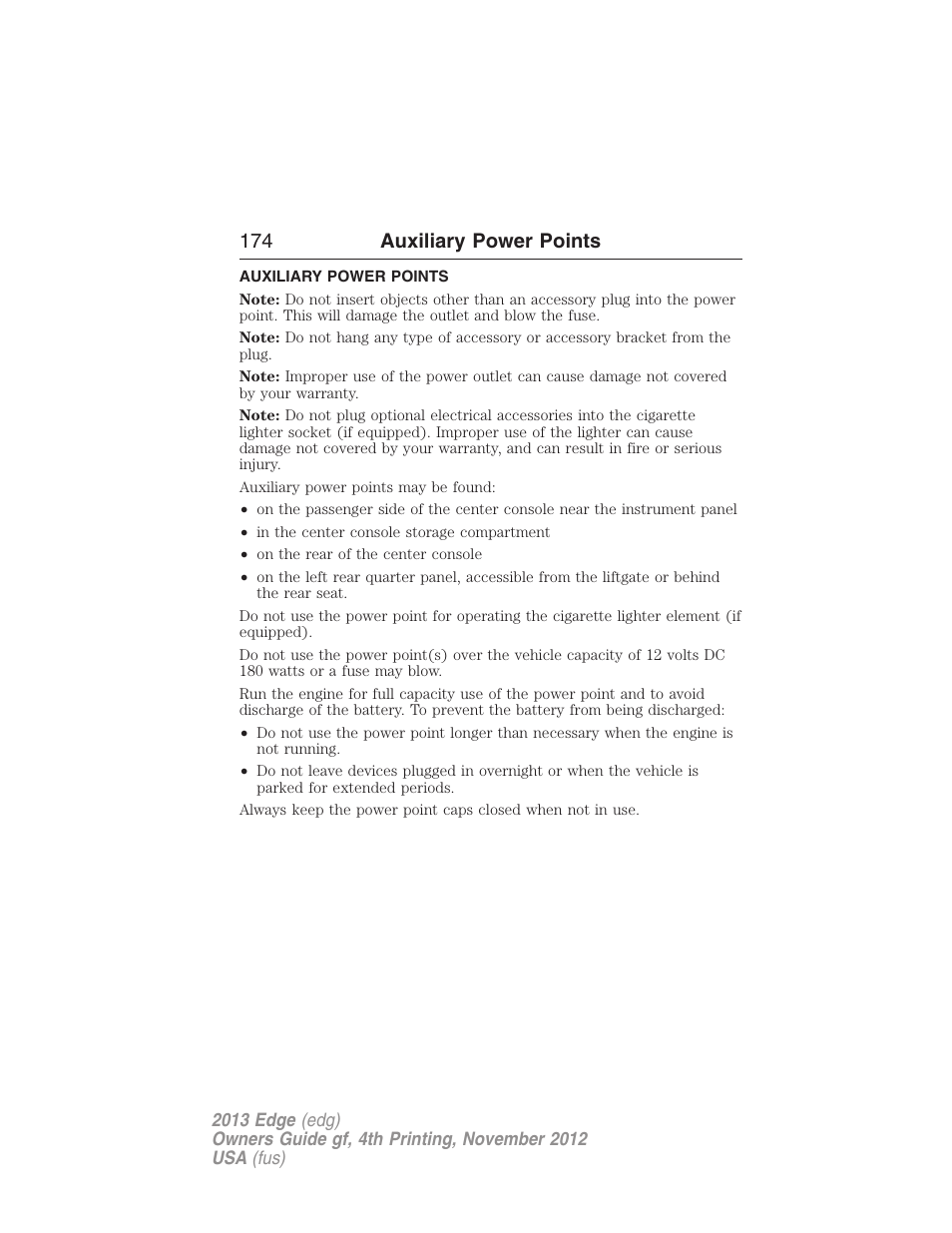 Auxiliary power points, 174 auxiliary power points | FORD 2013 Edge v.4 User Manual | Page 175 / 533