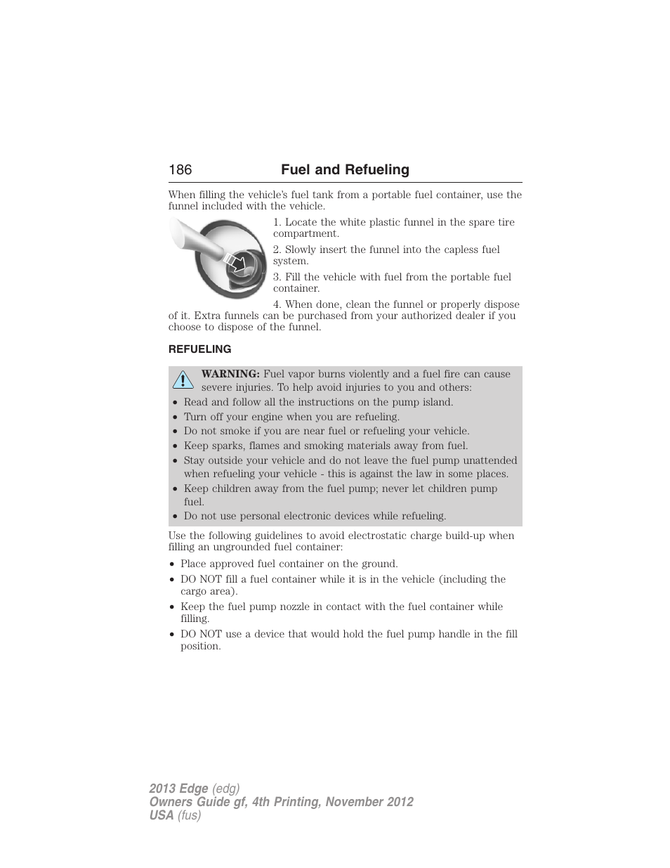 Refueling, 186 fuel and refueling | FORD 2013 Edge v.4 User Manual | Page 187 / 533