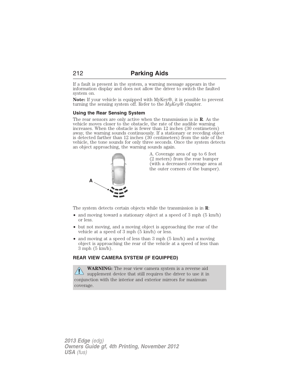 Using the rear sensing system, Rear view camera system (if equipped), Rear-view camera system | 212 parking aids | FORD 2013 Edge v.4 User Manual | Page 213 / 533