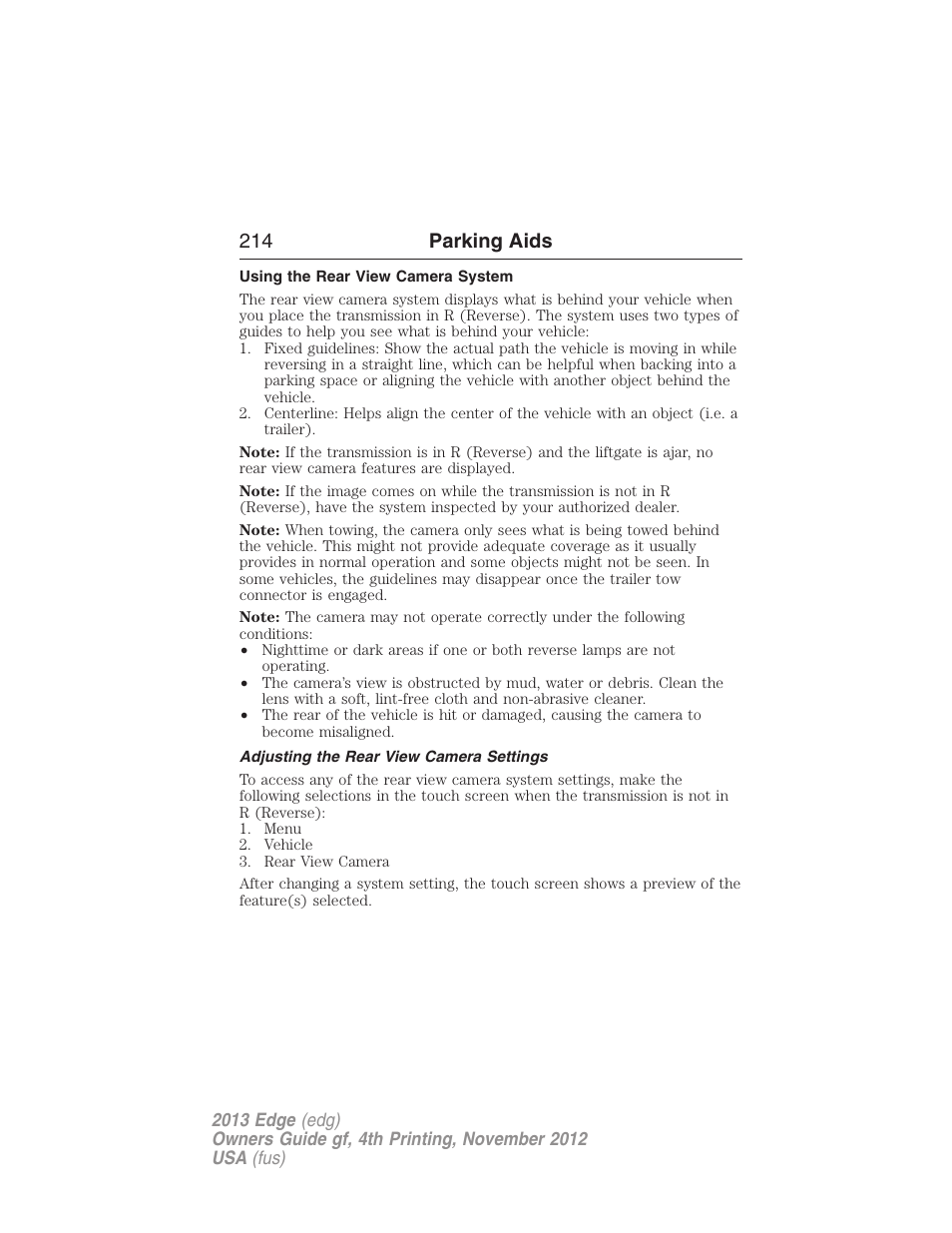 Using the rear view camera system, Adjusting the rear view camera settings, 214 parking aids | FORD 2013 Edge v.4 User Manual | Page 215 / 533