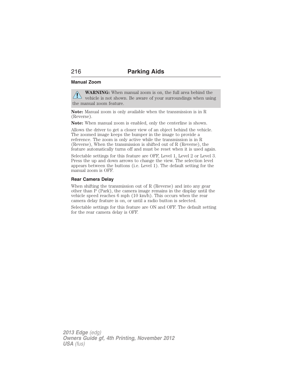 Manual zoom, Rear camera delay, 216 parking aids | FORD 2013 Edge v.4 User Manual | Page 217 / 533