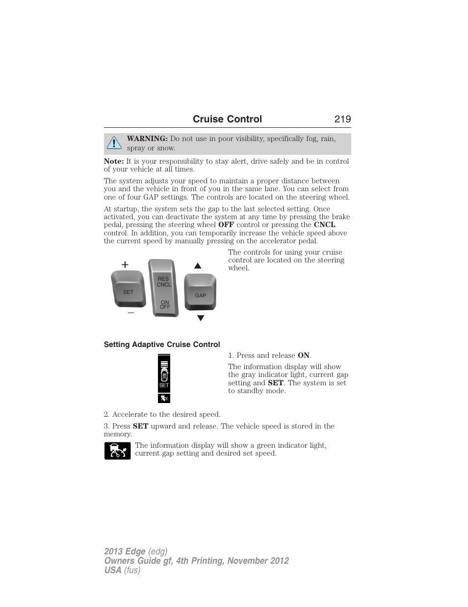 Setting adaptive cruise control, Cruise control 219 | FORD 2013 Edge v.4 User Manual | Page 220 / 533