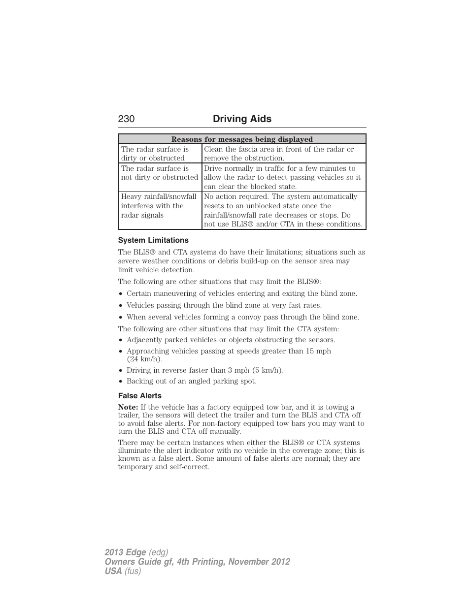 System limitations, False alerts, 230 driving aids | FORD 2013 Edge v.4 User Manual | Page 231 / 533