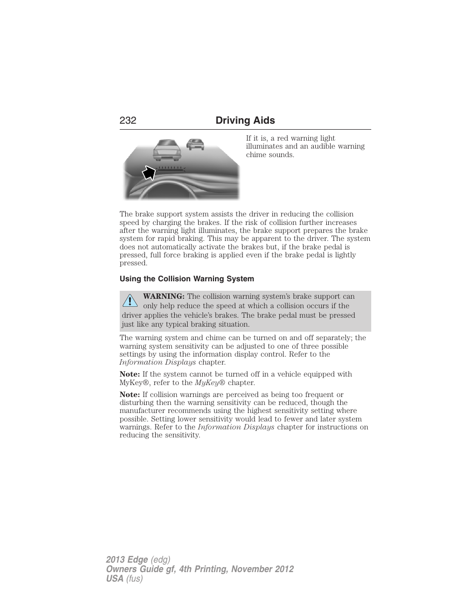 Using the collision warning system, 232 driving aids | FORD 2013 Edge v.4 User Manual | Page 233 / 533