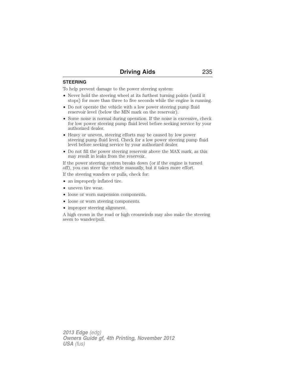 Steering, Driving aids 235 | FORD 2013 Edge v.4 User Manual | Page 236 / 533