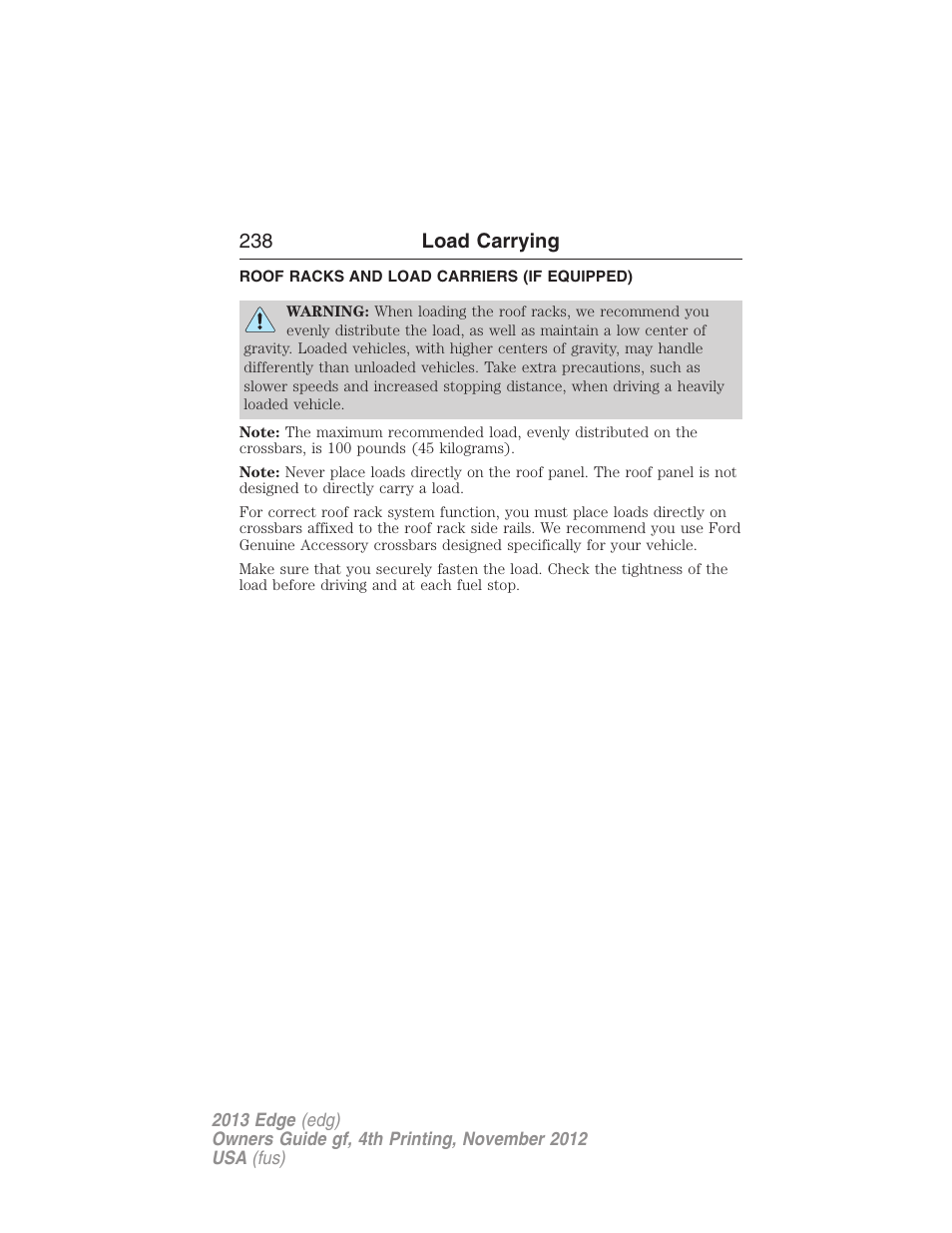 Roof racks and load carriers (if equipped), Roof racks and load carriers, 238 load carrying | FORD 2013 Edge v.4 User Manual | Page 239 / 533