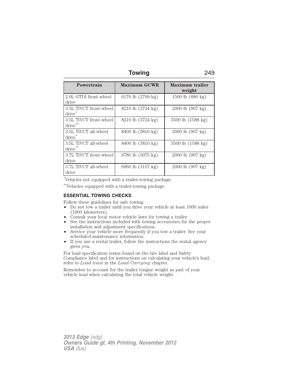 Essential towing checks, Towing 249 | FORD 2013 Edge v.4 User Manual | Page 250 / 533