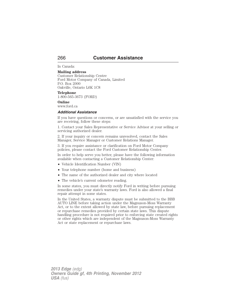 Additional assistance, 266 customer assistance | FORD 2013 Edge v.4 User Manual | Page 267 / 533