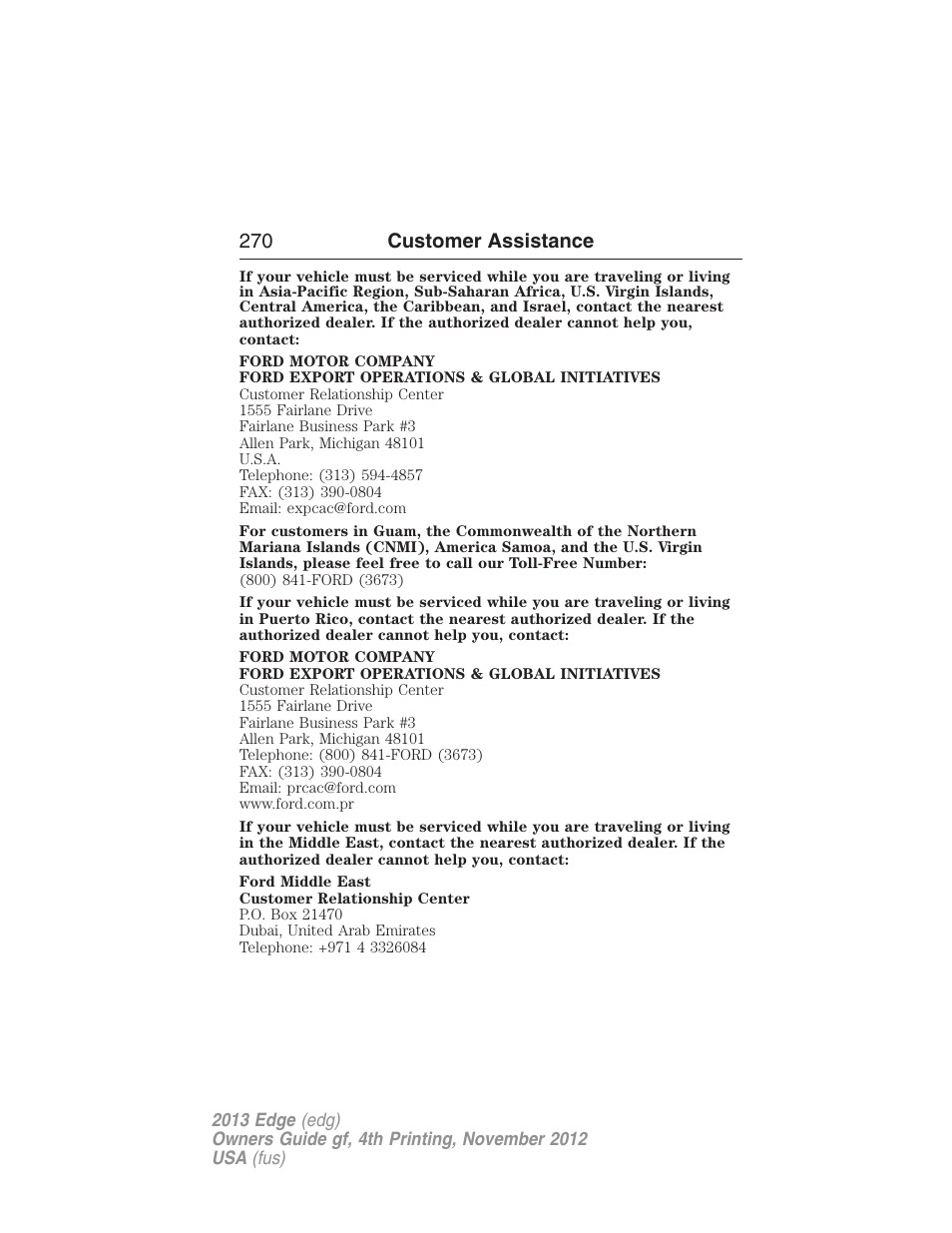 270 customer assistance | FORD 2013 Edge v.4 User Manual | Page 271 / 533