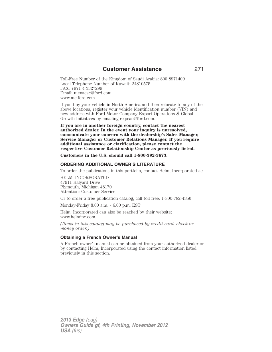 Ordering additional owner’s literature, Obtaining a french owner’s manual, Customer assistance 271 | FORD 2013 Edge v.4 User Manual | Page 272 / 533