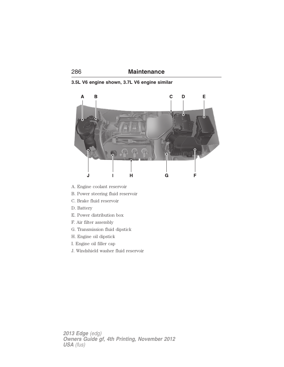 5l v6 engine shown, 3.7l v6 engine similar, 286 maintenance | FORD 2013 Edge v.4 User Manual | Page 287 / 533