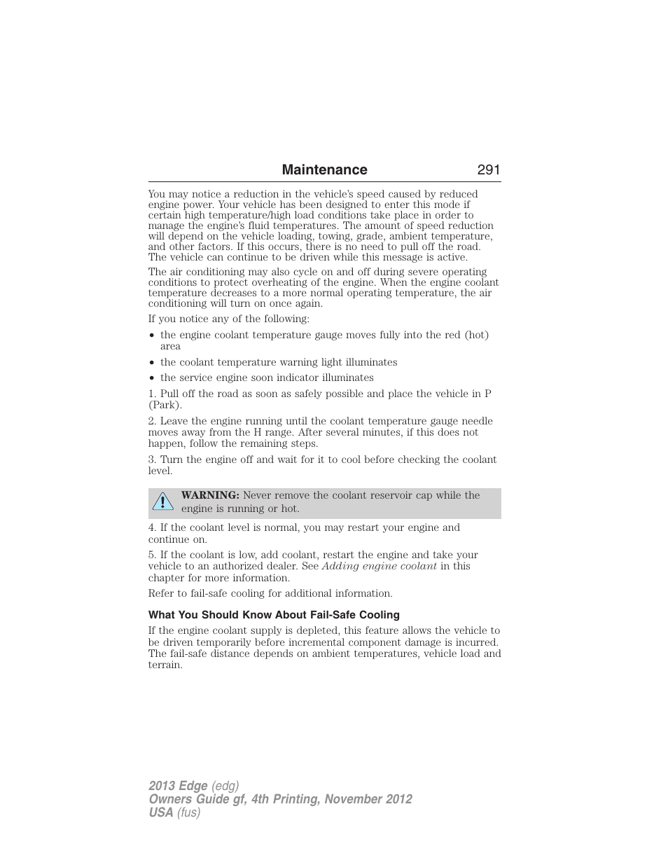 What you should know about fail-safe cooling, Maintenance 291 | FORD 2013 Edge v.4 User Manual | Page 292 / 533