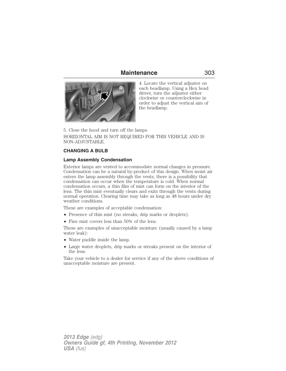 Changing a bulb, Lamp assembly condensation, Maintenance 303 | FORD 2013 Edge v.4 User Manual | Page 304 / 533