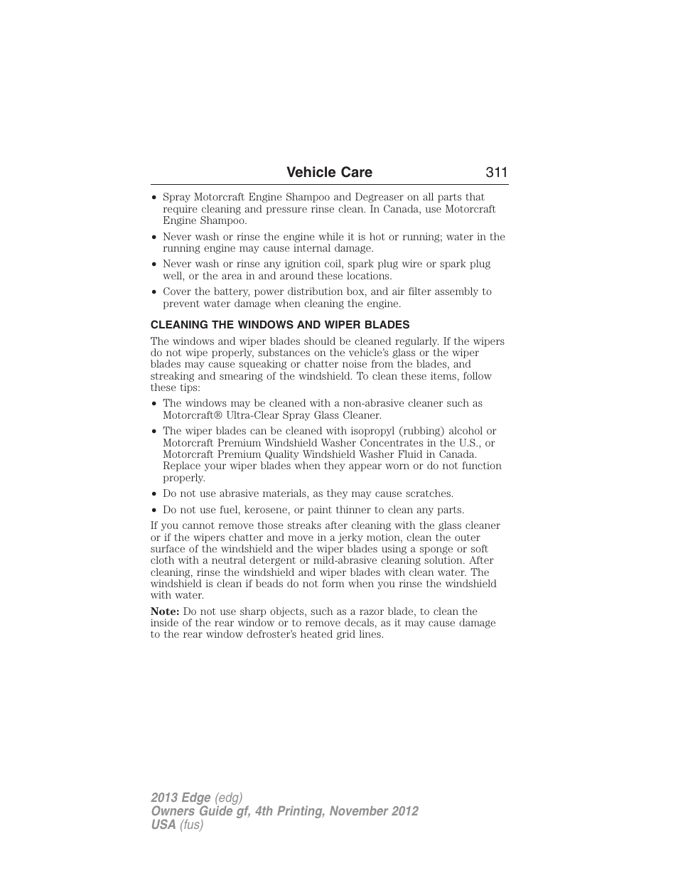 Cleaning the windows and wiper blades, Vehicle care 311 | FORD 2013 Edge v.4 User Manual | Page 312 / 533