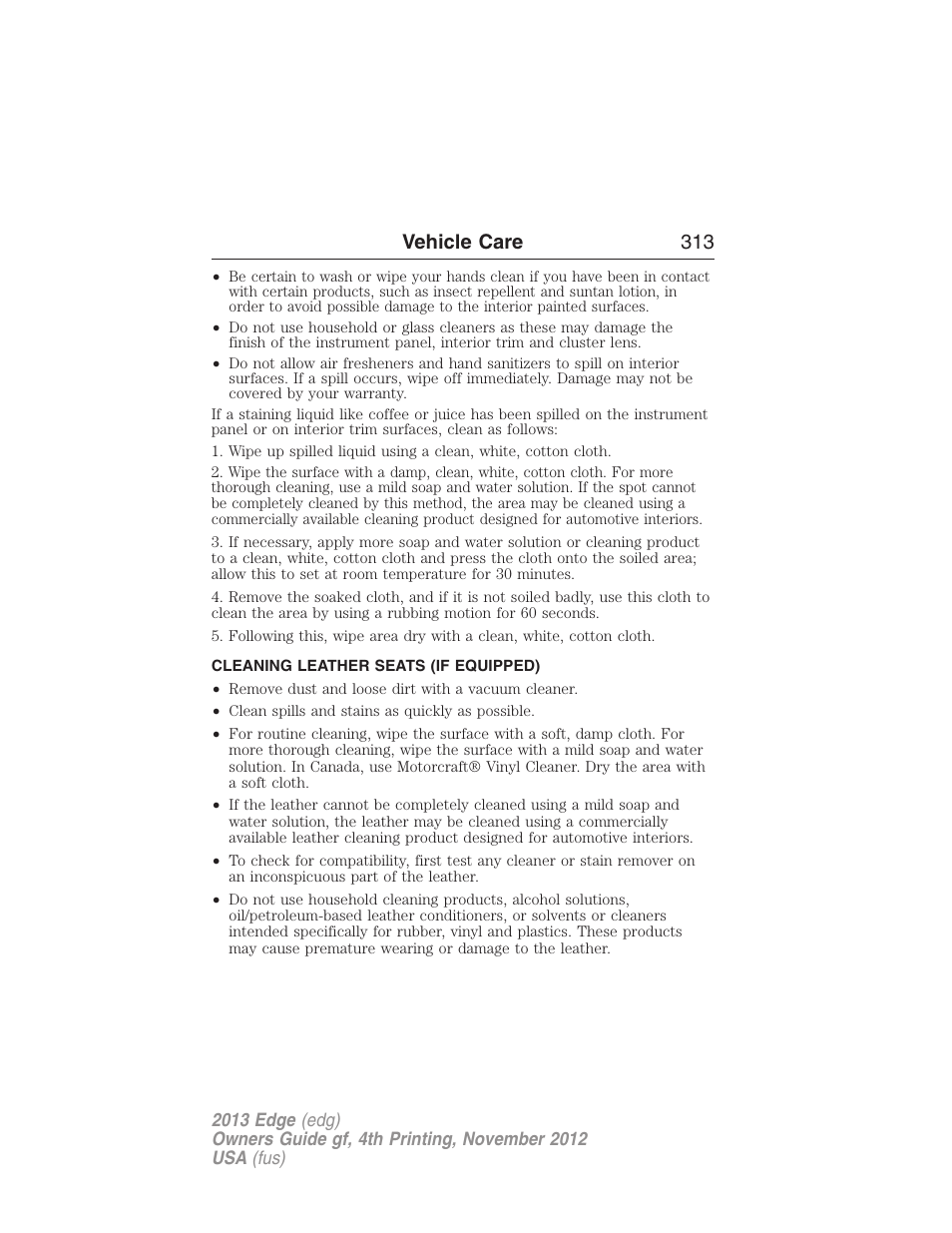 Cleaning leather seats (if equipped), Cleaning leather seats, Vehicle care 313 | FORD 2013 Edge v.4 User Manual | Page 314 / 533