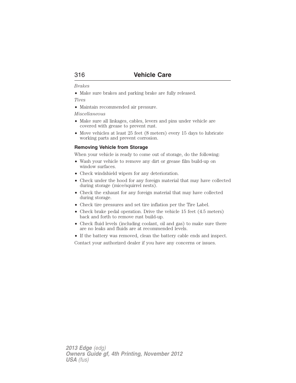 Removing vehicle from storage, 316 vehicle care | FORD 2013 Edge v.4 User Manual | Page 317 / 533
