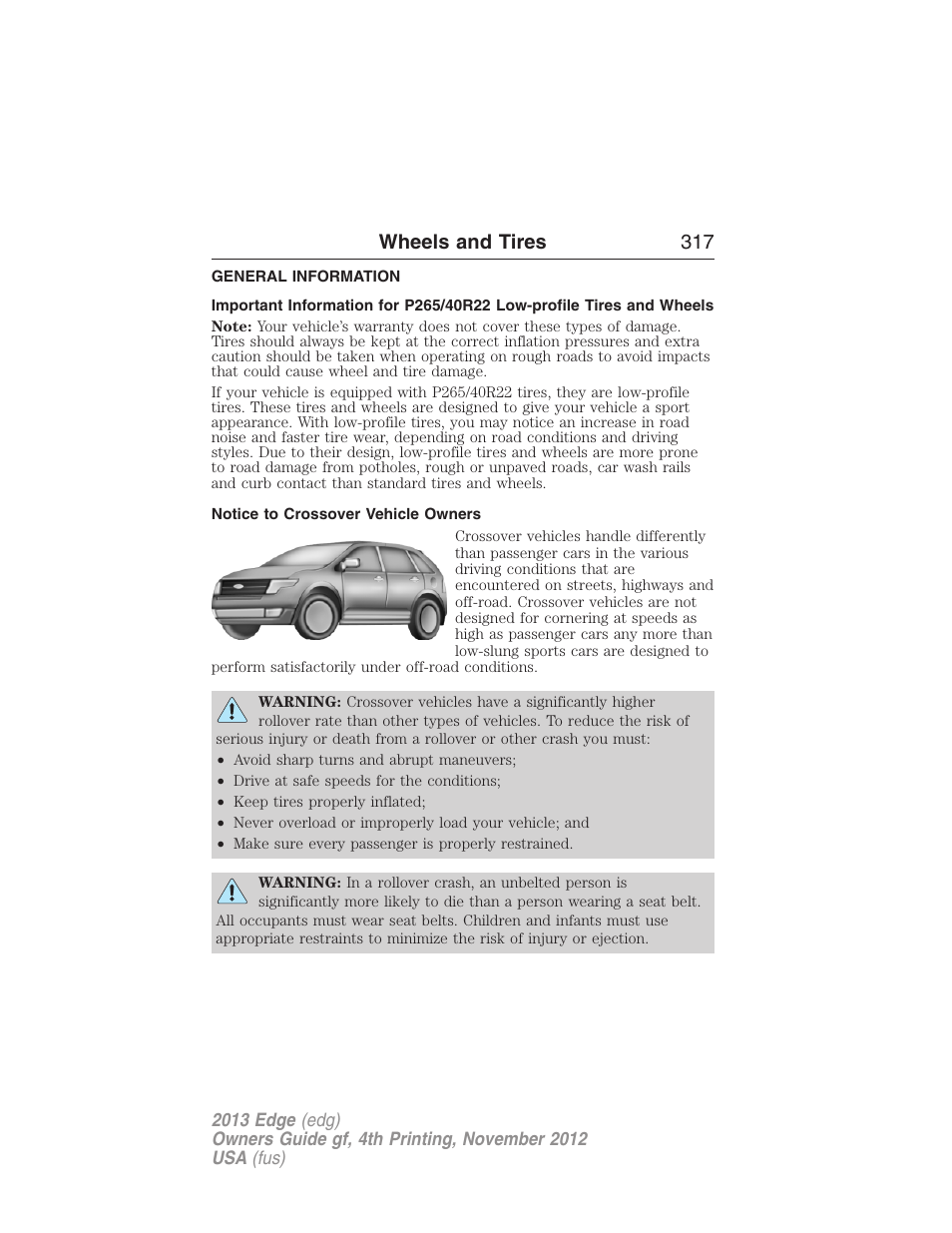 Wheels and tires, General information, Notice to crossover vehicle owners | Wheels and tires 317 | FORD 2013 Edge v.4 User Manual | Page 318 / 533