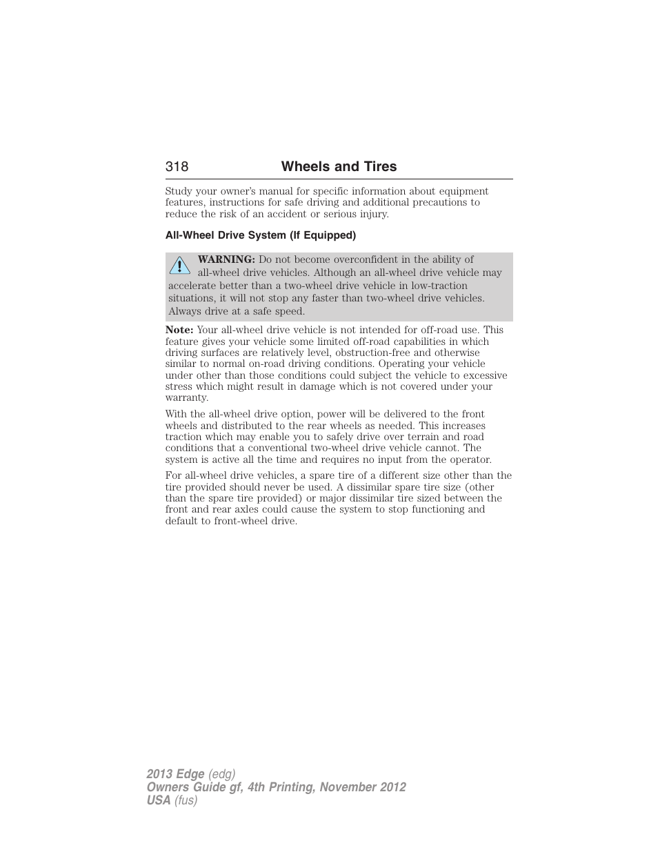 All-wheel drive system (if equipped), 318 wheels and tires | FORD 2013 Edge v.4 User Manual | Page 319 / 533