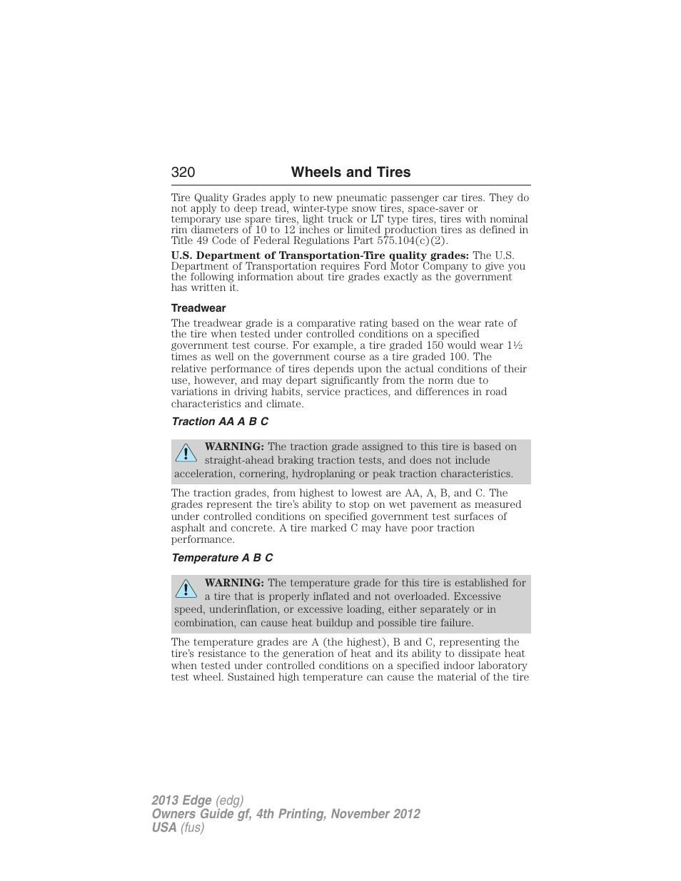 Treadwear, Traction aa a b c, Temperature a b c | 320 wheels and tires | FORD 2013 Edge v.4 User Manual | Page 321 / 533