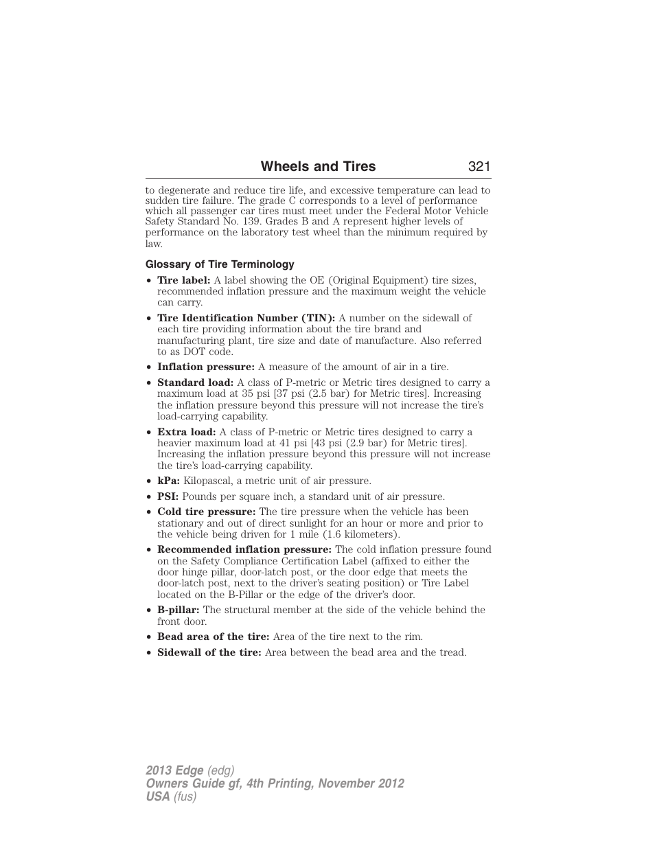 Glossary of tire terminology, Wheels and tires 321 | FORD 2013 Edge v.4 User Manual | Page 322 / 533