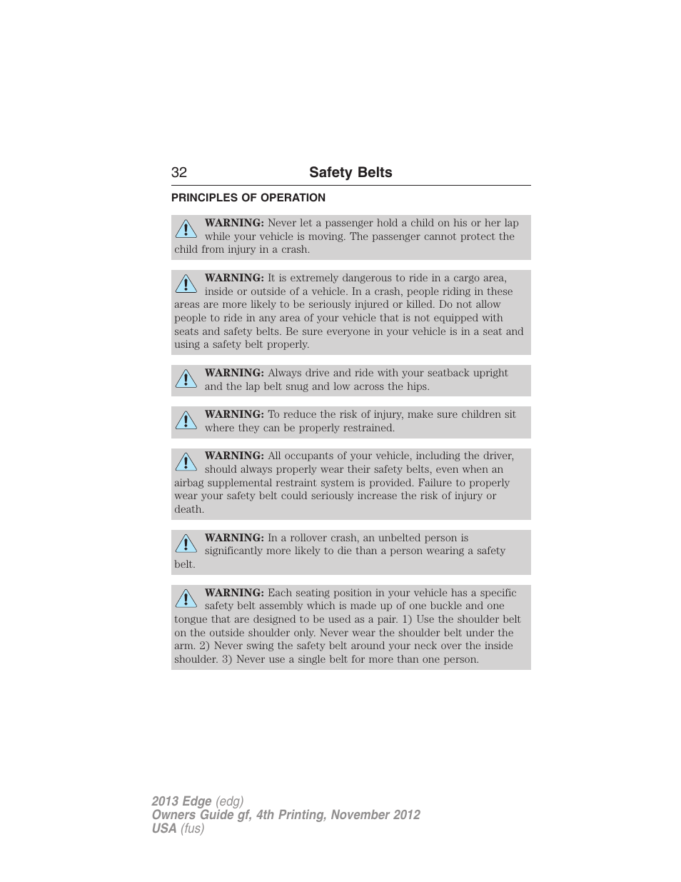 Safety belts, Principles of operation, 32 safety belts | FORD 2013 Edge v.4 User Manual | Page 33 / 533