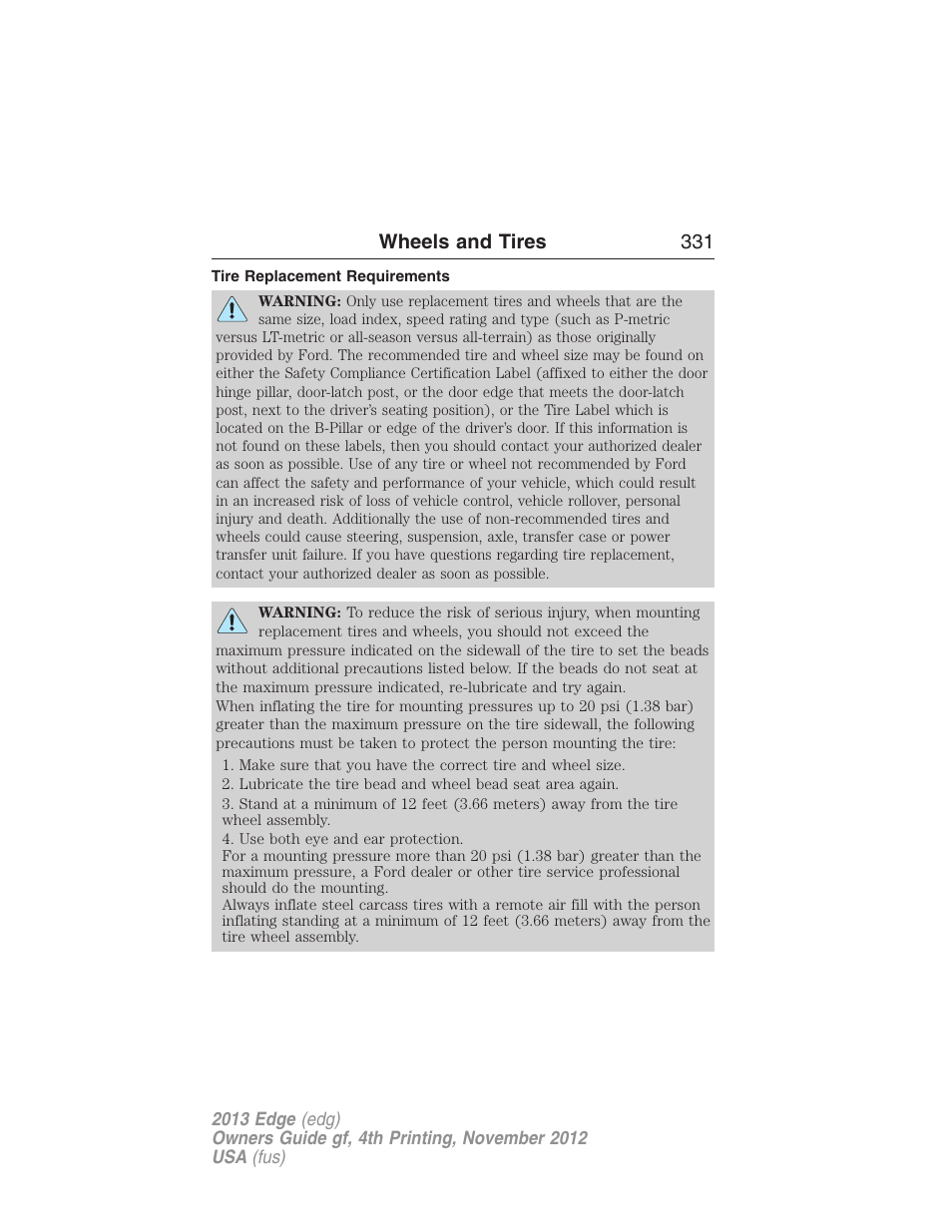 Tire replacement requirements, Wheels and tires 331 | FORD 2013 Edge v.4 User Manual | Page 332 / 533