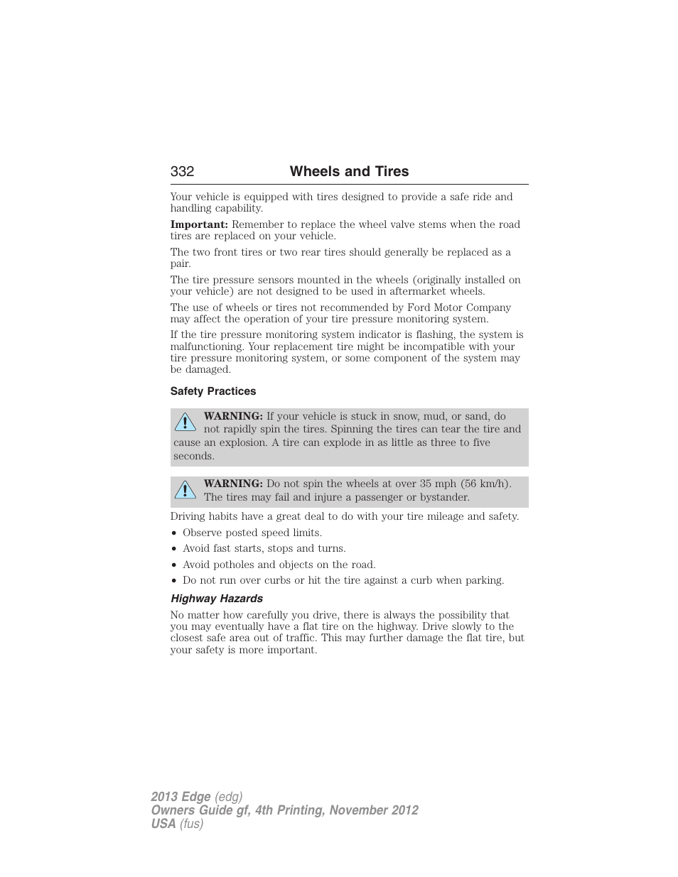 Safety practices, Highway hazards, 332 wheels and tires | FORD 2013 Edge v.4 User Manual | Page 333 / 533