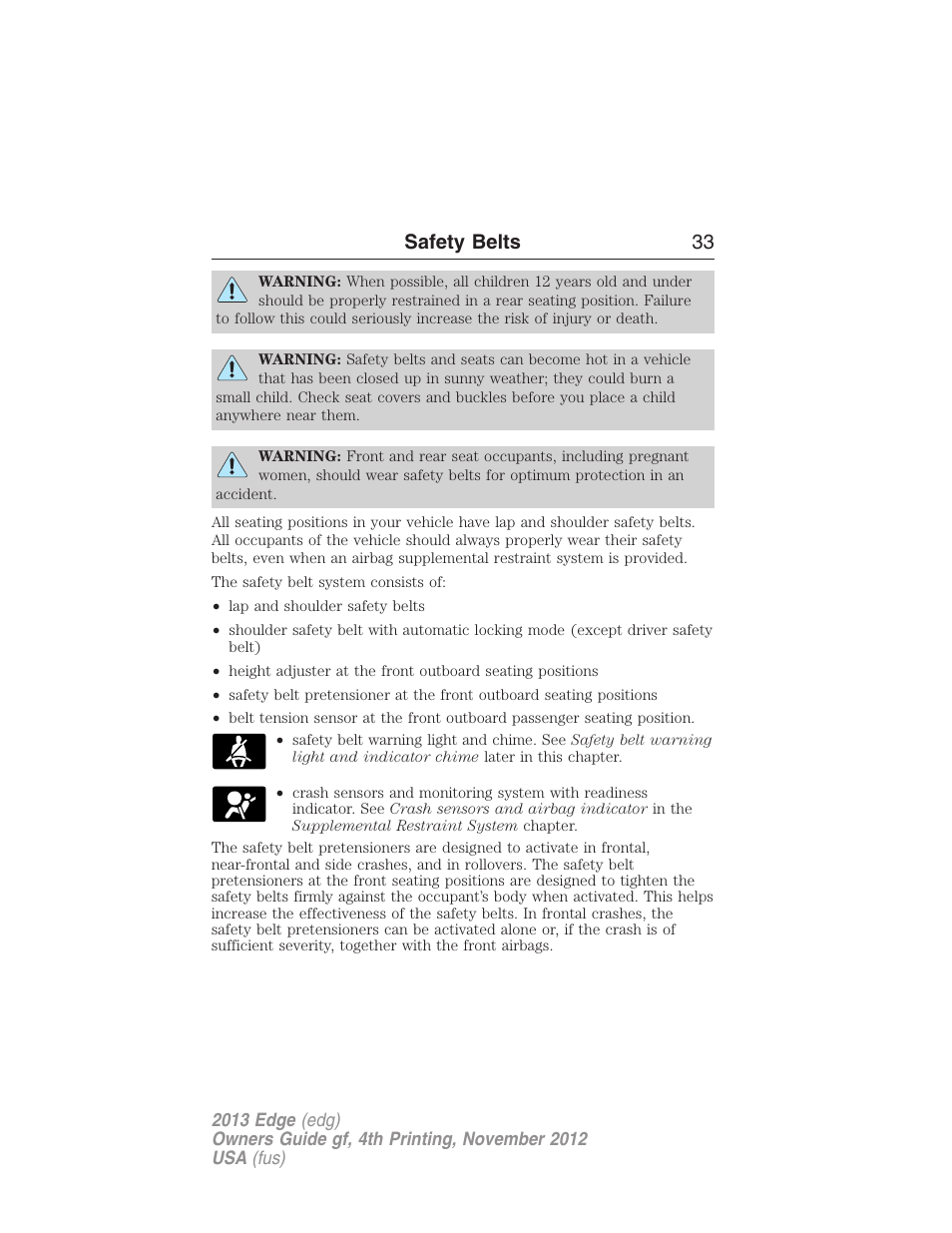 Safety belts 33 | FORD 2013 Edge v.4 User Manual | Page 34 / 533