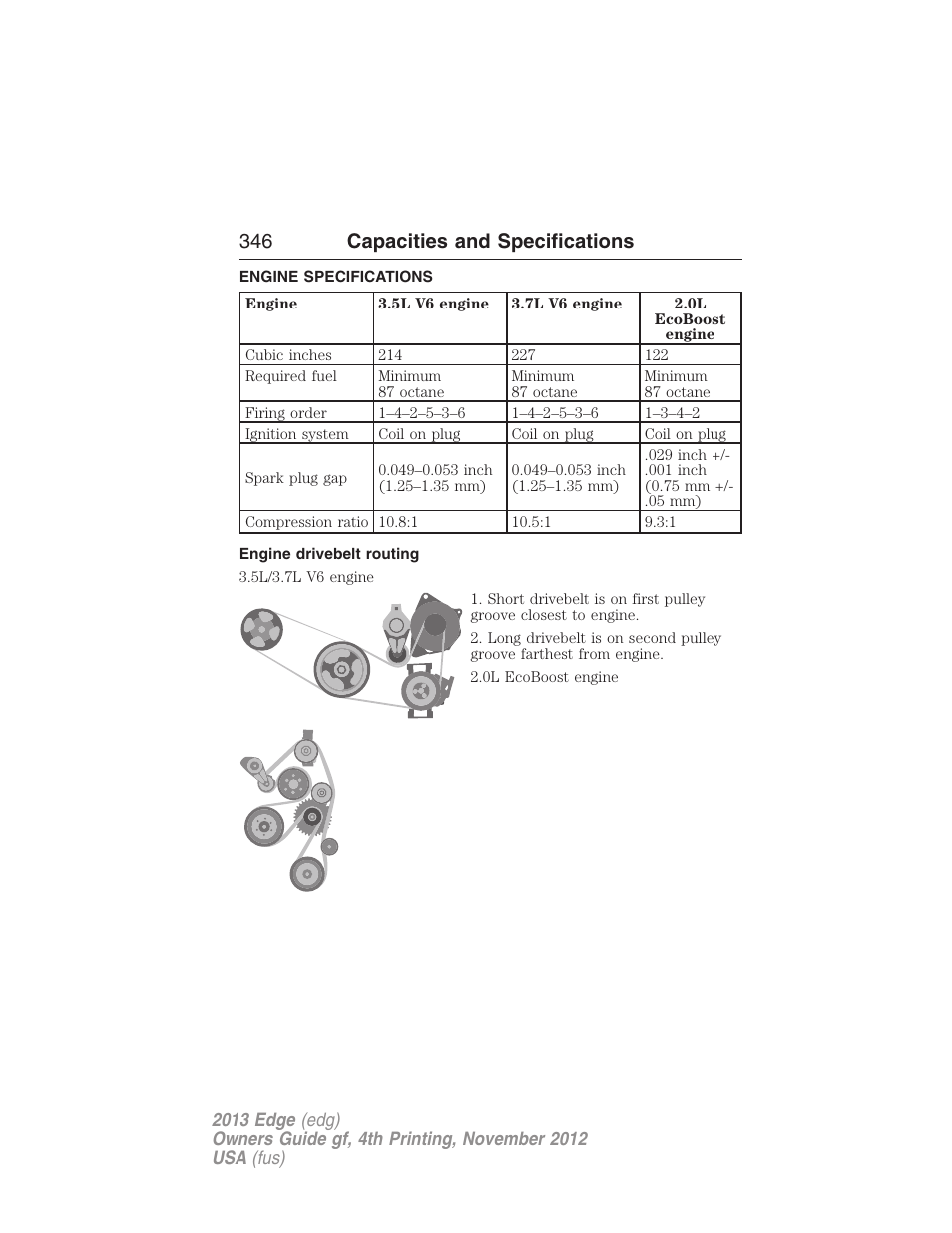 Capacities and specifications, Engine specifications, Engine drivebelt routing | 346 capacities and specifications | FORD 2013 Edge v.4 User Manual | Page 347 / 533