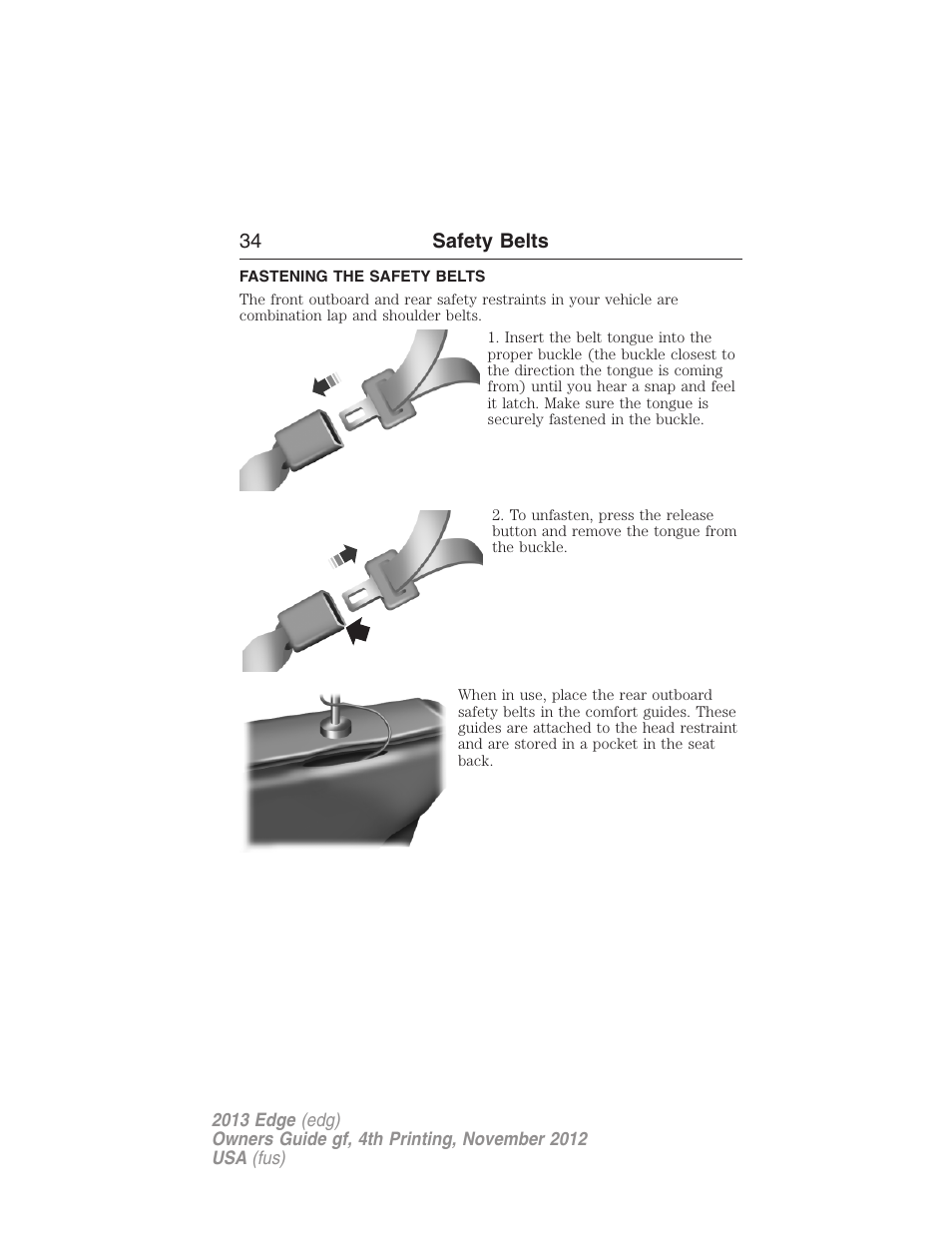 Fastening the safety belts | FORD 2013 Edge v.4 User Manual | Page 35 / 533
