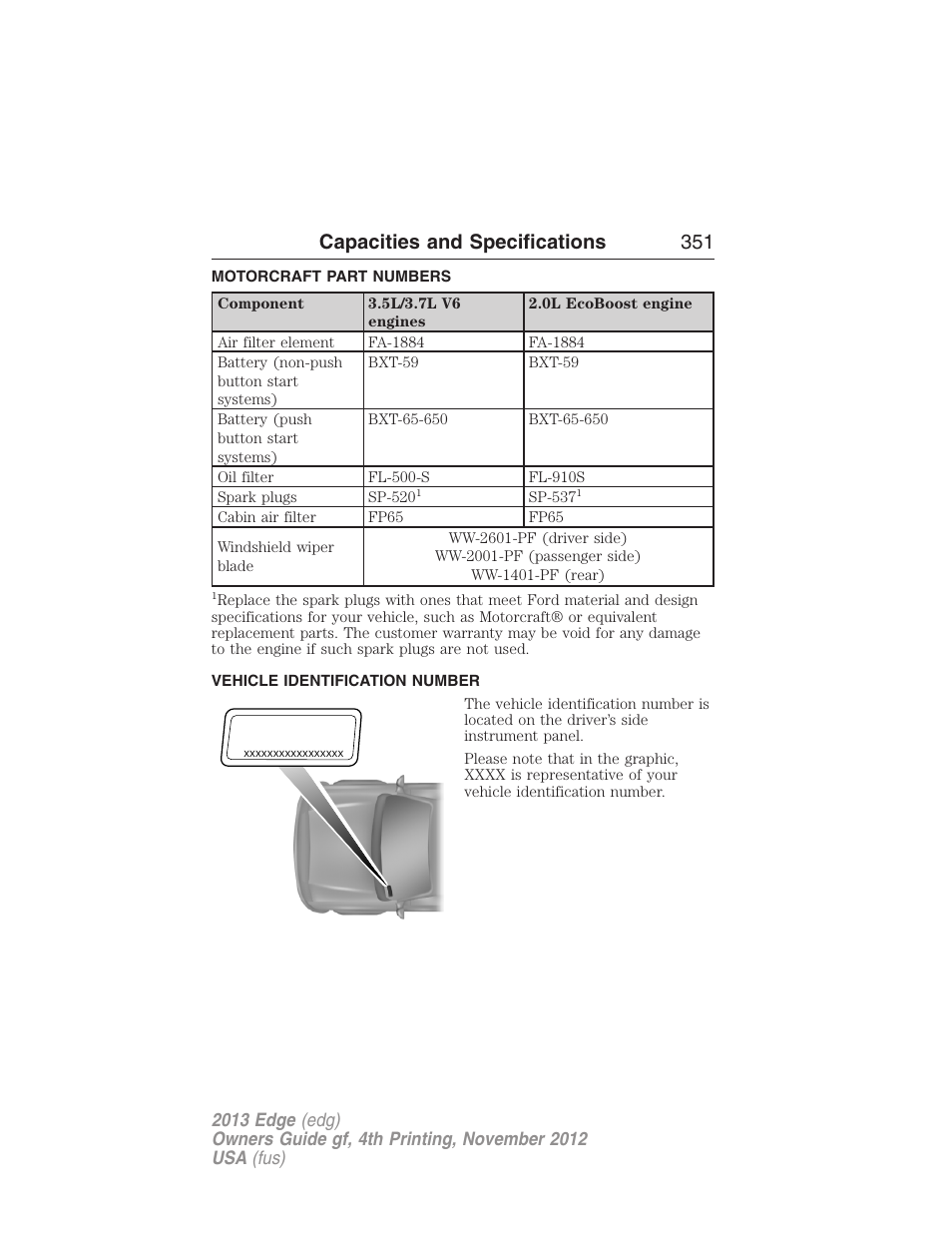 Motorcraft part numbers, Vehicle identification number, Part numbers | Capacities and specifications 351 | FORD 2013 Edge v.4 User Manual | Page 352 / 533