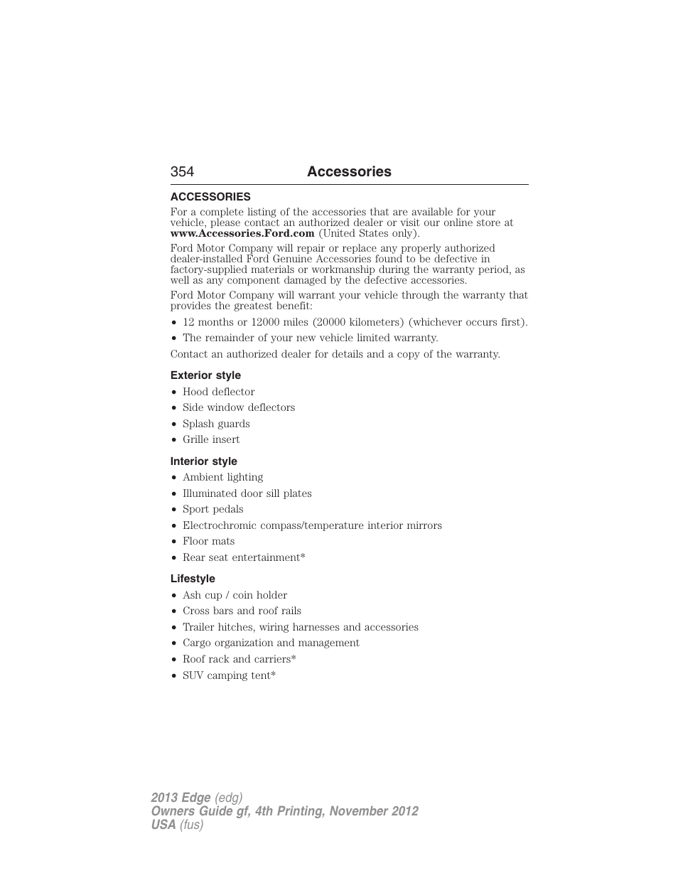 Accessories, Exterior style, Interior style | Lifestyle, 354 accessories | FORD 2013 Edge v.4 User Manual | Page 355 / 533