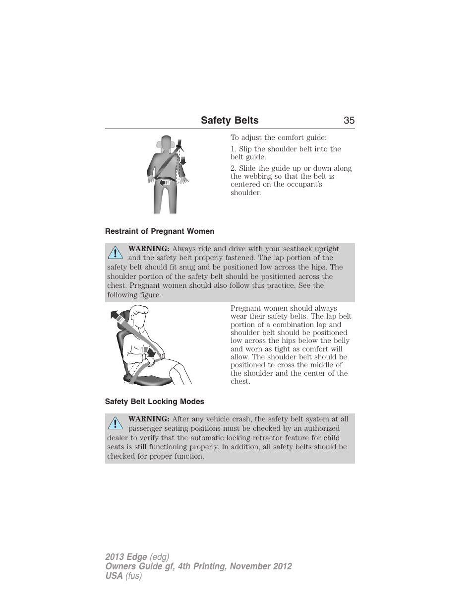 Restraint of pregnant women, Safety belt locking modes, Safety belts 35 | FORD 2013 Edge v.4 User Manual | Page 36 / 533
