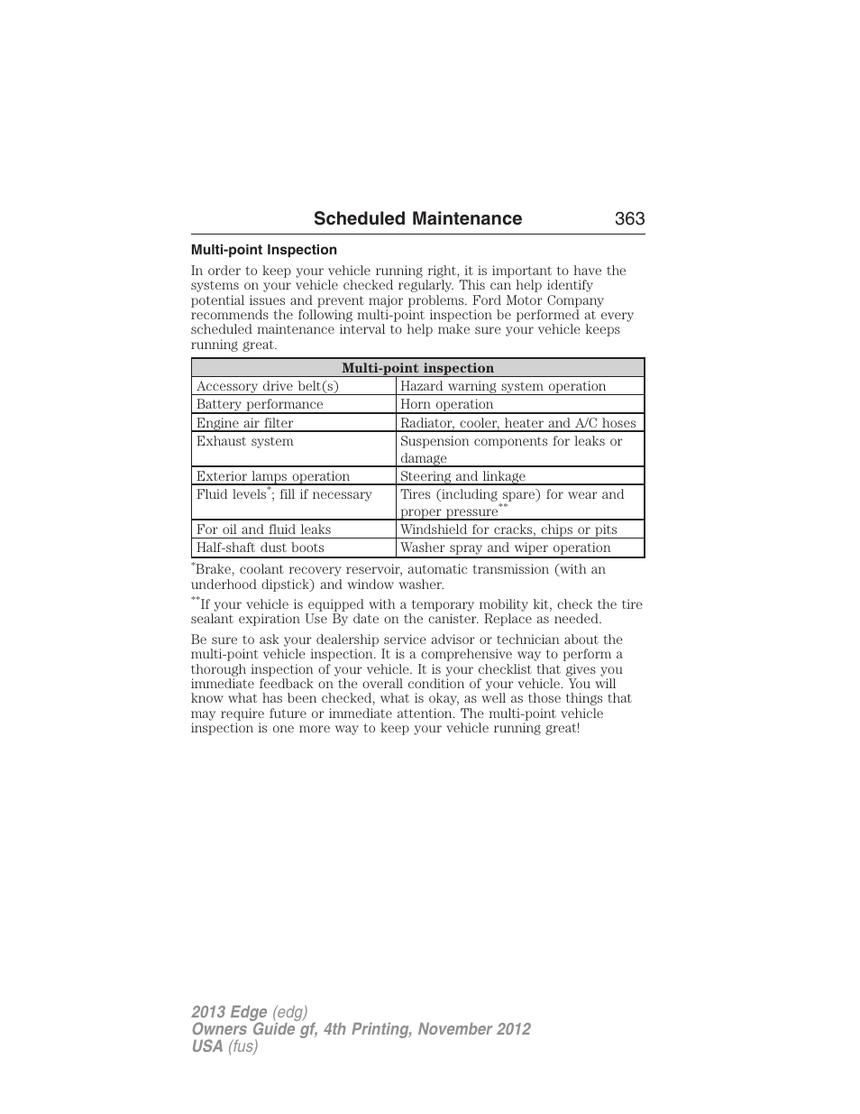 Multi-point inspection, Scheduled maintenance 363 | FORD 2013 Edge v.4 User Manual | Page 364 / 533