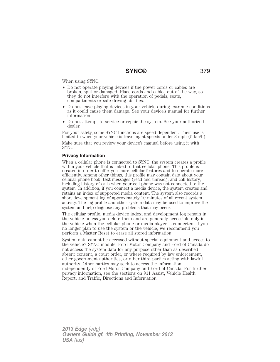 Privacy information, Sync® 379 | FORD 2013 Edge v.4 User Manual | Page 380 / 533