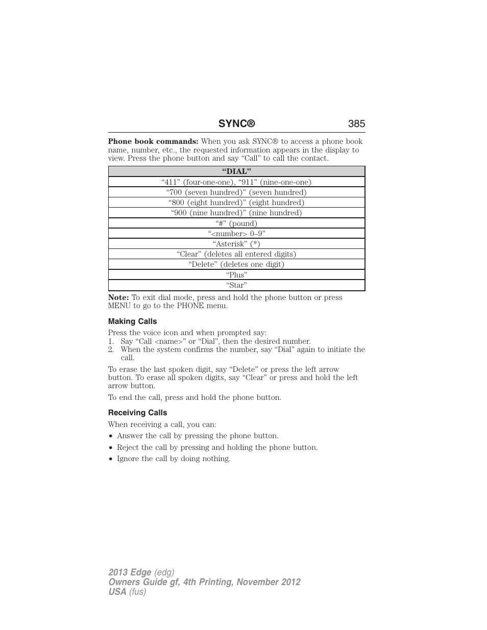 Making calls, Receiving calls, Sync® 385 | FORD 2013 Edge v.4 User Manual | Page 386 / 533