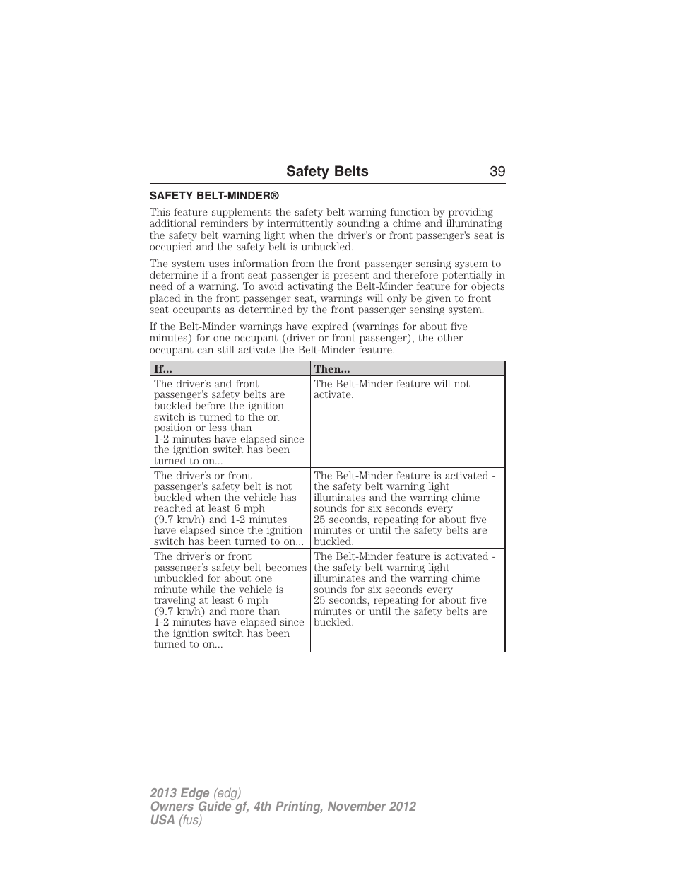 Safety belt-minder, Safety belts 39 | FORD 2013 Edge v.4 User Manual | Page 40 / 533