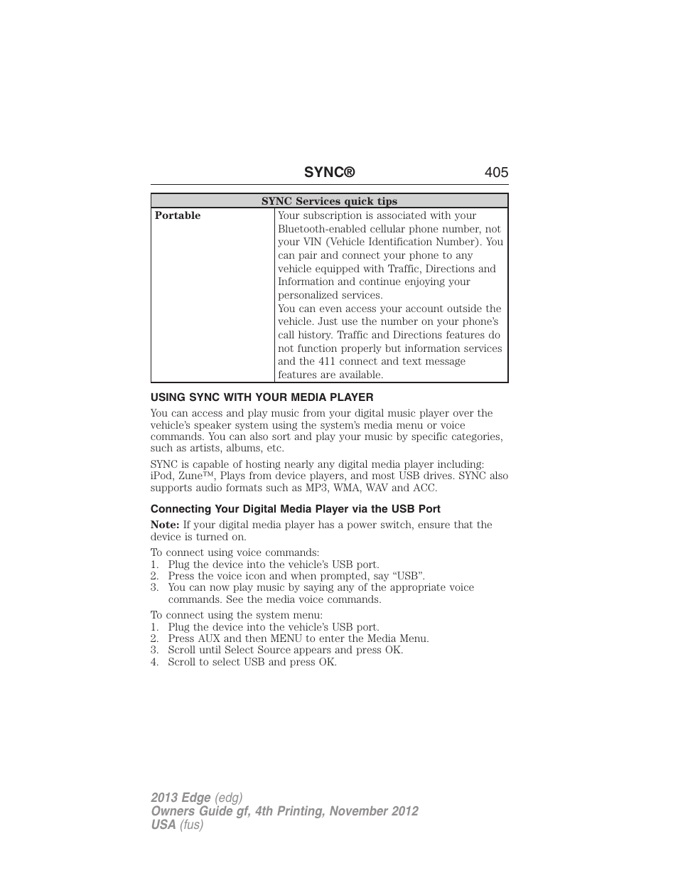 Using sync with your media player, Sync® 405 | FORD 2013 Edge v.4 User Manual | Page 406 / 533